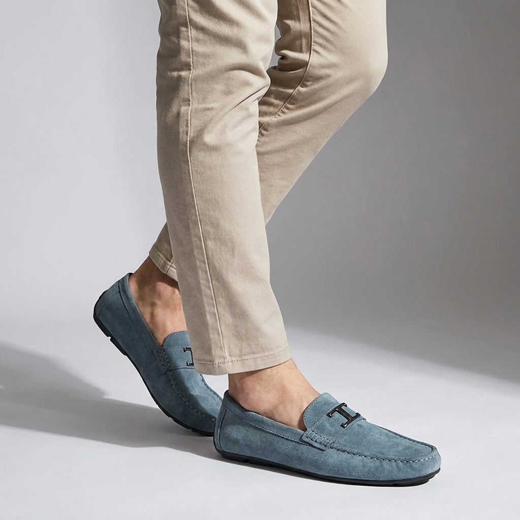 Blue Suede Slip-On Loafers worn with chinos