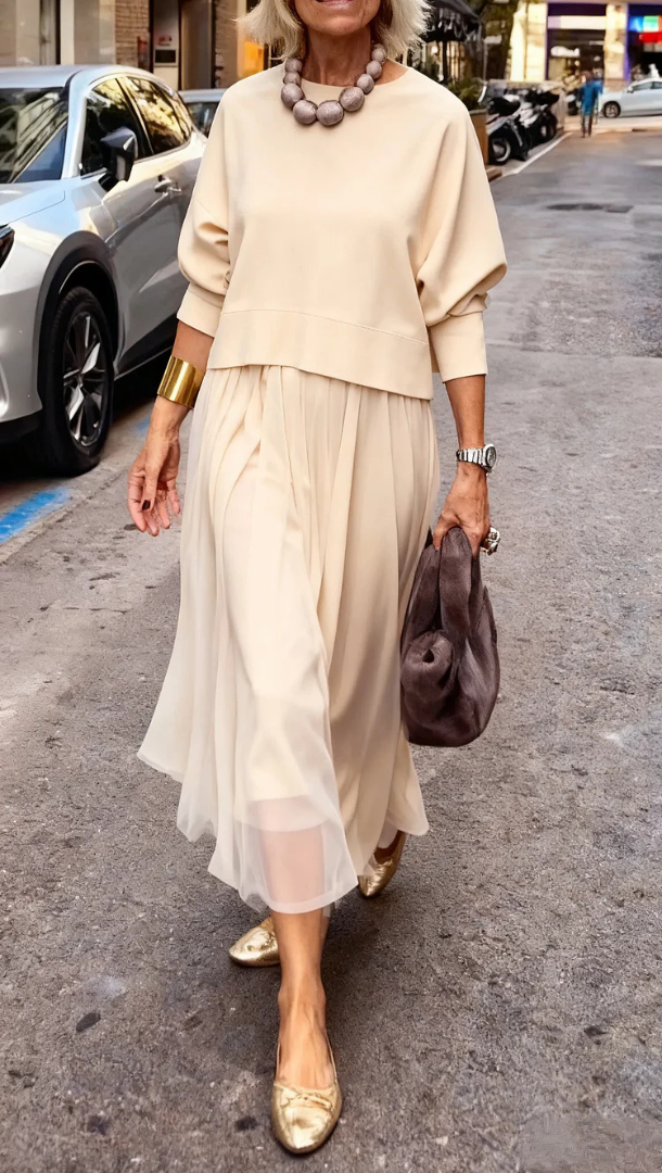 Sweater Midi Dress with Pleated Tulle Skirt alternate view 2