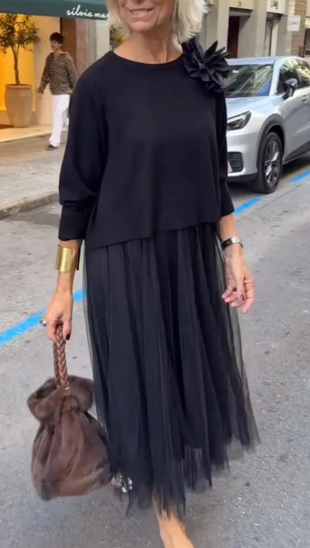 Sweater Midi Dress with Pleated Tulle Skirt alternate view 4