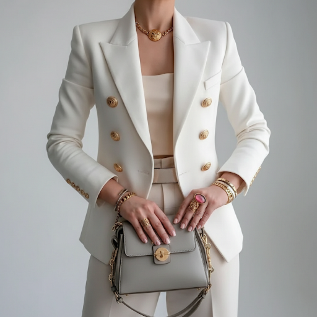 White Double-Breasted Blazer front view