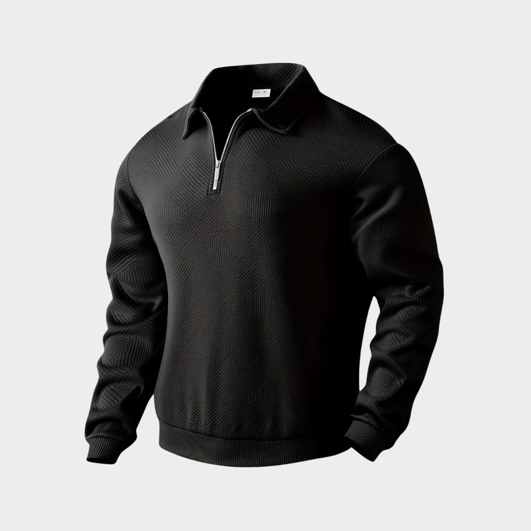 Black Tailored Knit Quarter Zip Sweater front view