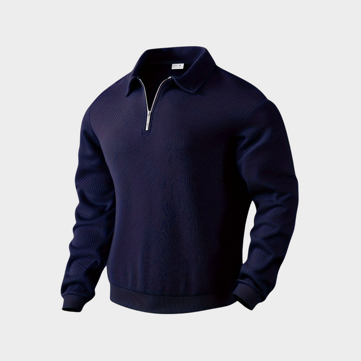 Navy Blue Tailored Knit Quarter Zip Sweater front view
