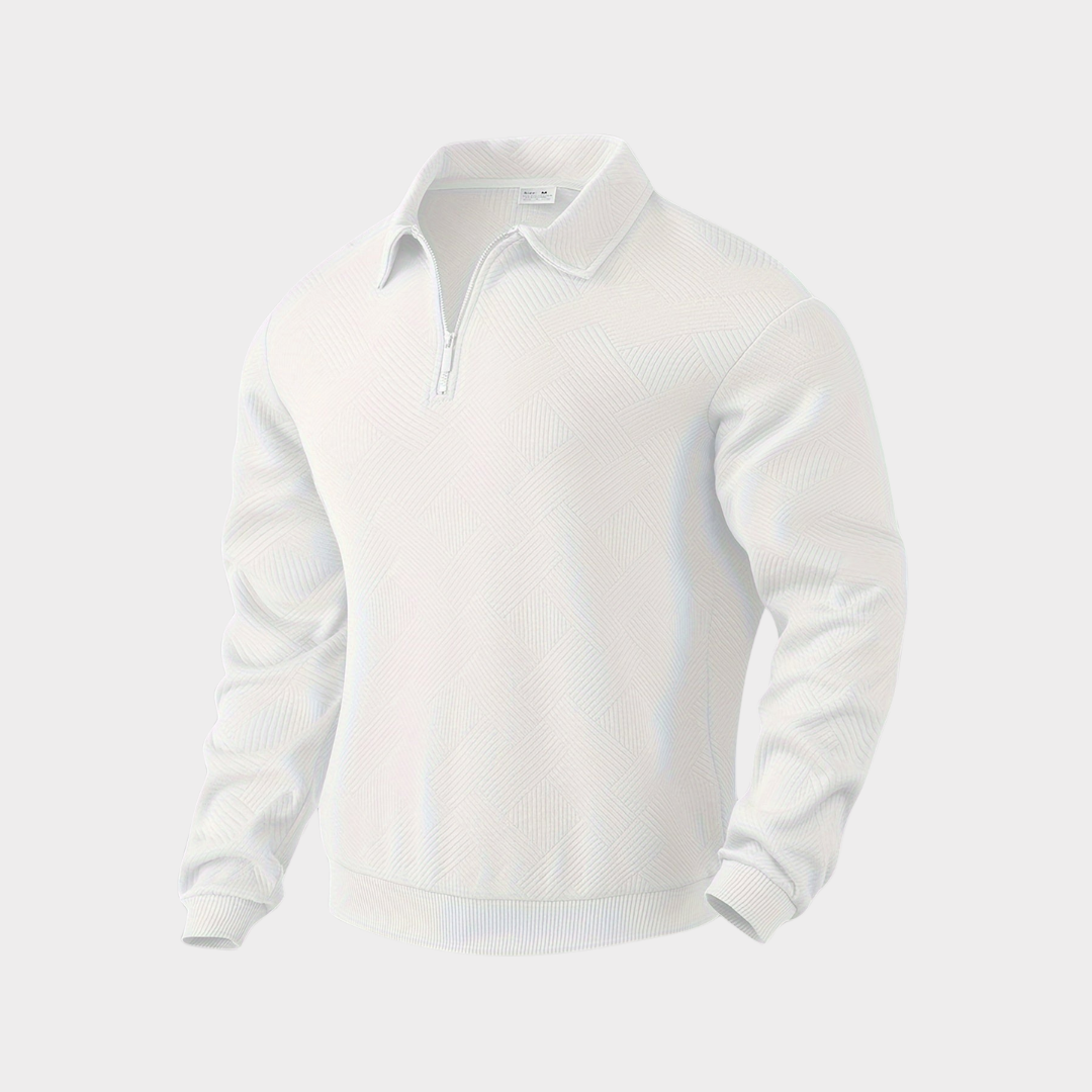 White Tailored Knit Quarter Zip Sweater front view