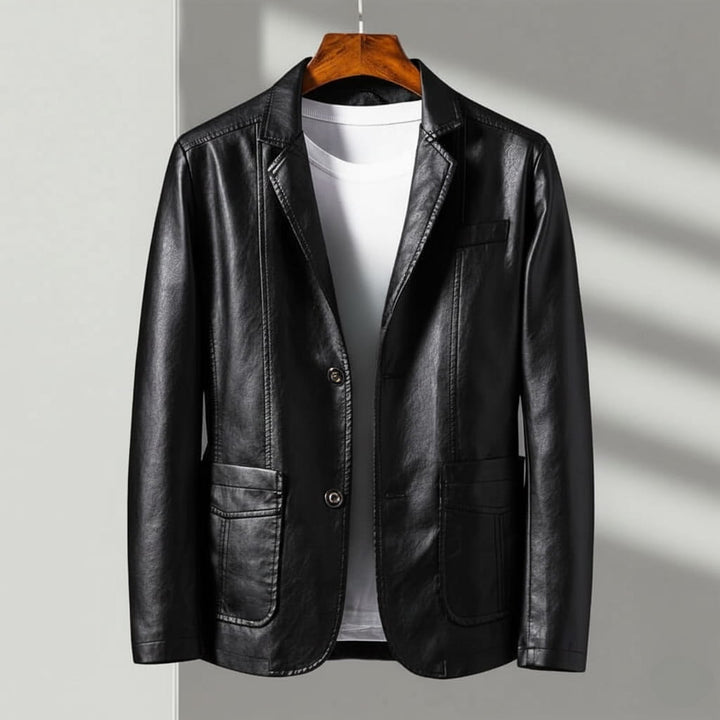 Classic Black Leather Blazer Jacket front view