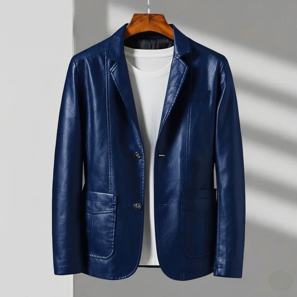 Navy Blue Leather Blazer Jacket front view