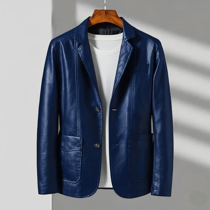 Navy Blue Leather Blazer Jacket front view