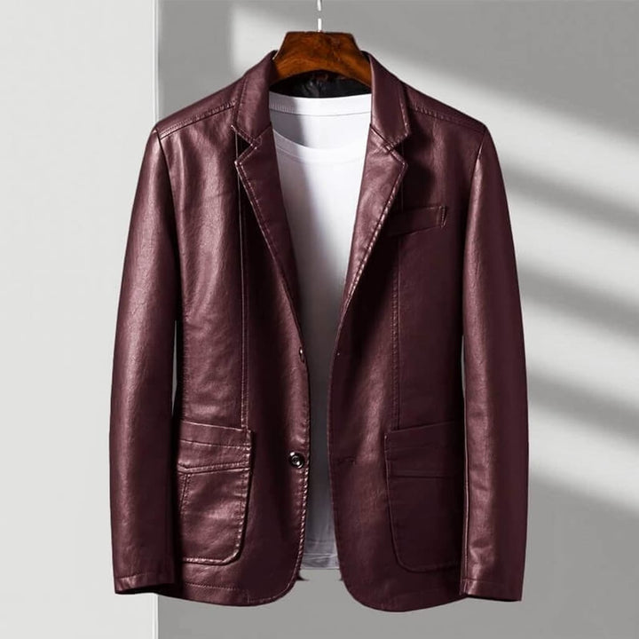 Burgundy Leather Blazer Jacket front view