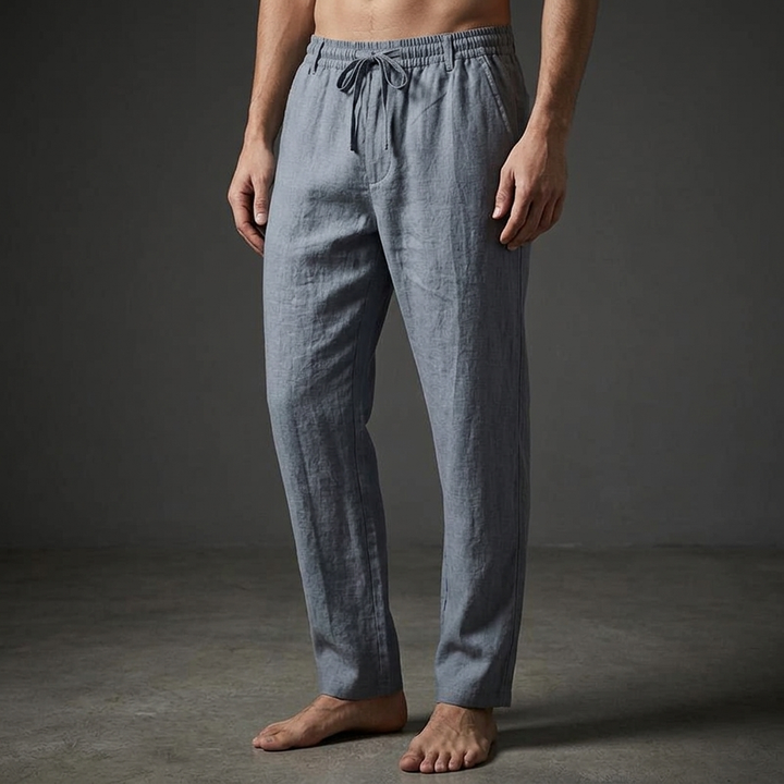 Slate Tailored Linen Pants worn front view