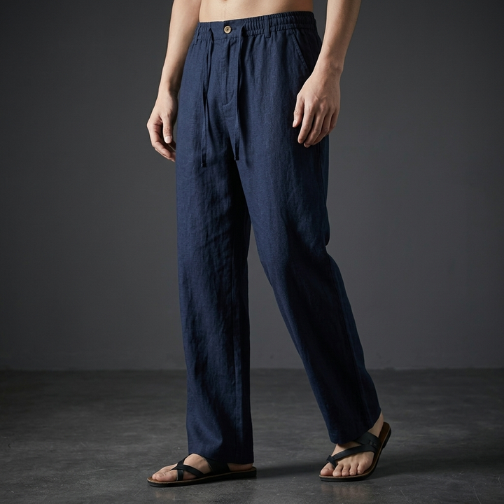 Navy Tailored Linen Pants worn front view