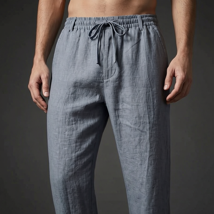 Slate Tailored Linen Pants worn front close-up