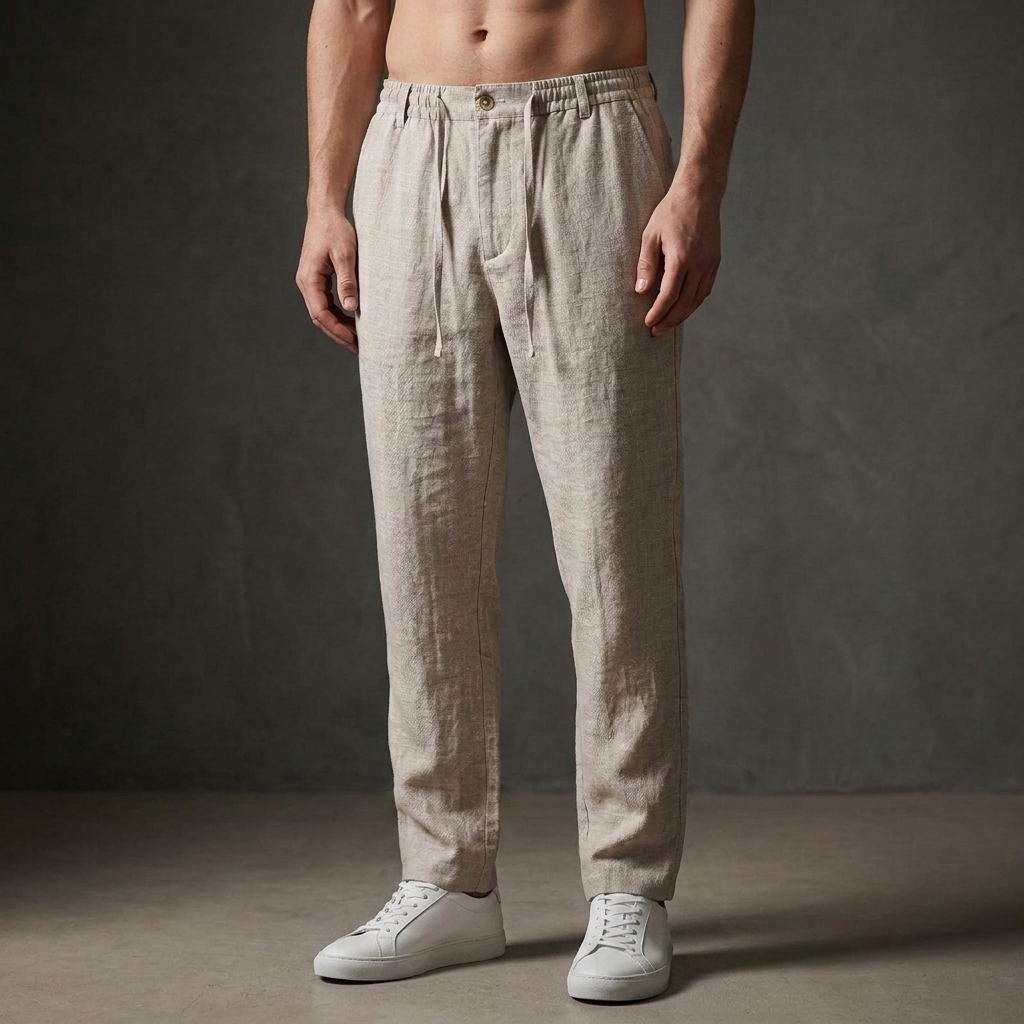 Beige Tailored Linen Pants worn front view