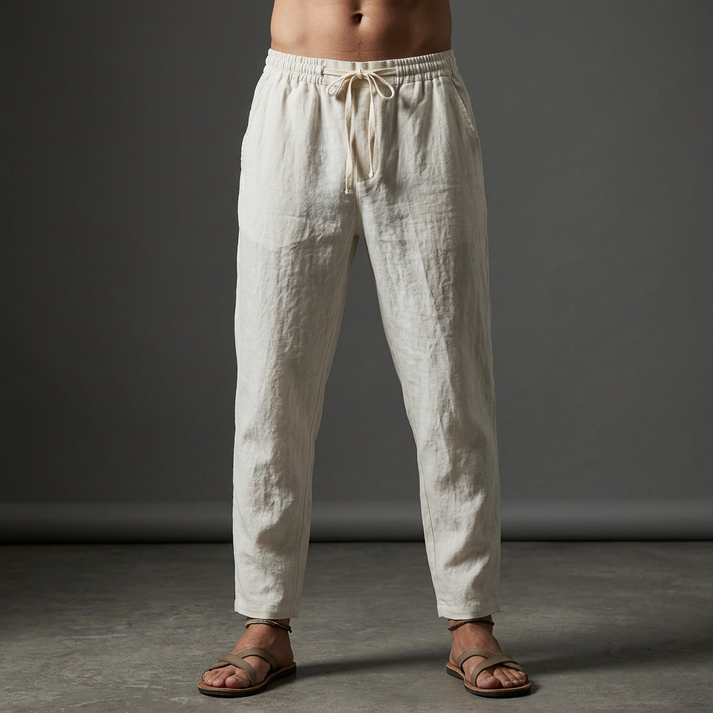 White Tailored Linen Pants worn front view