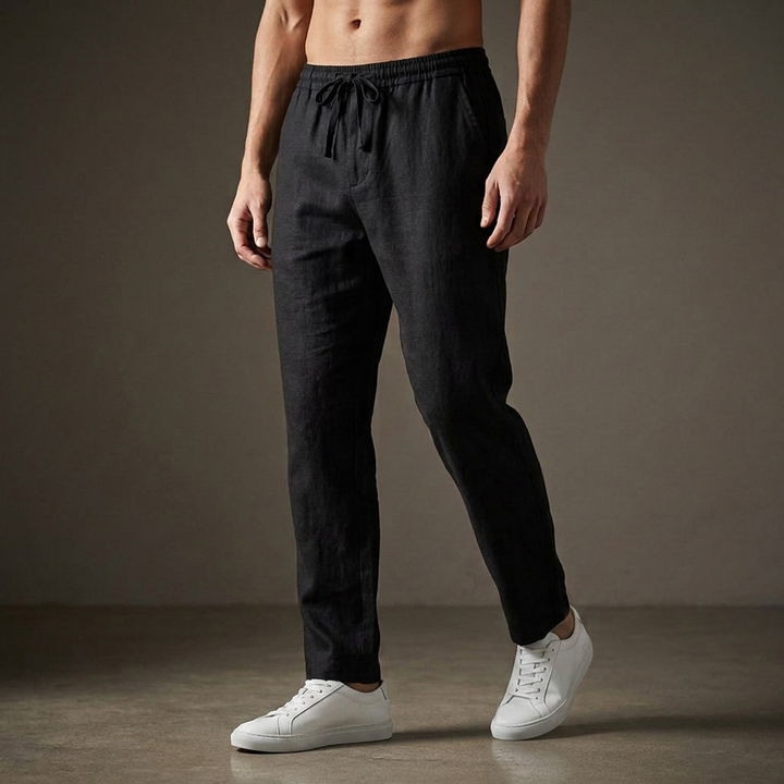 Black Tailored Linen Pants worn front view