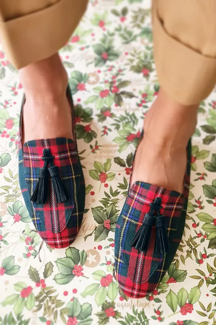 Red Tartan Slip-On Loafers worn top view
