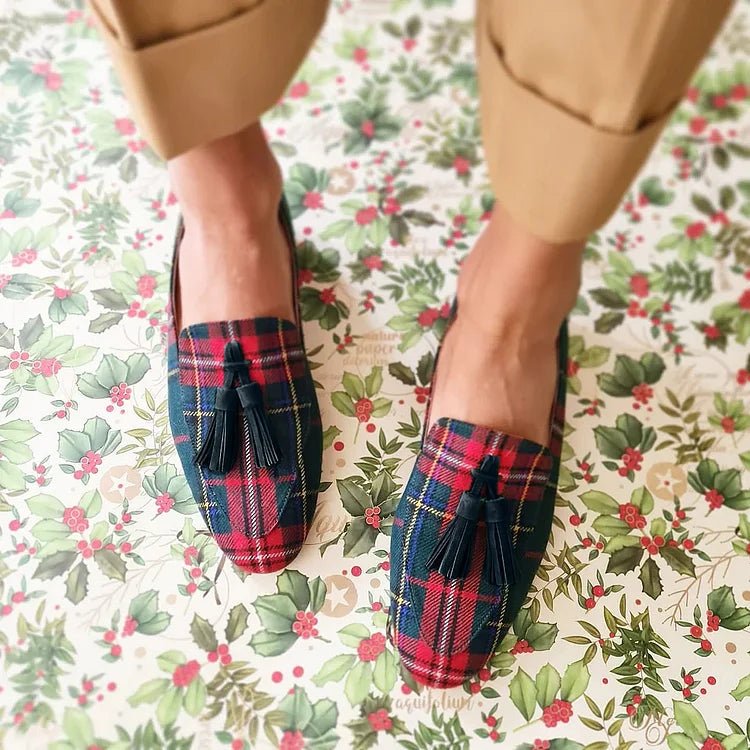 Red Tartan Slip-On Loafers worn close-up top view