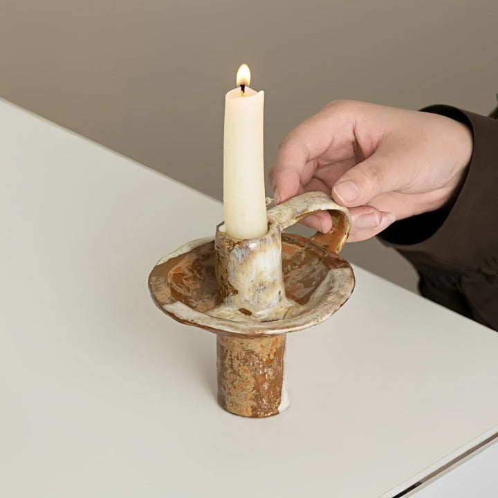 Mottled Ceramic Candle Holder on mantel lifestyle