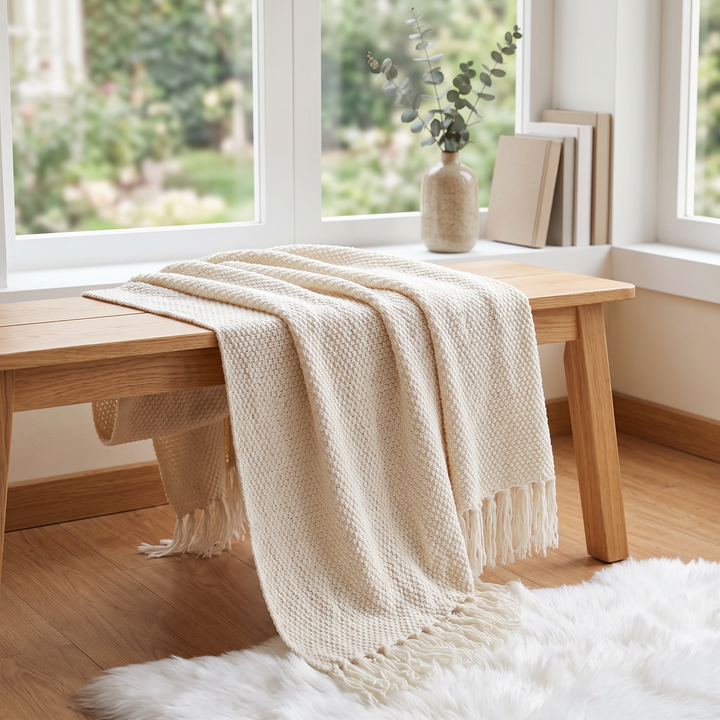 Tasseled Acrylic Knit Throw Blanket folded flat lay