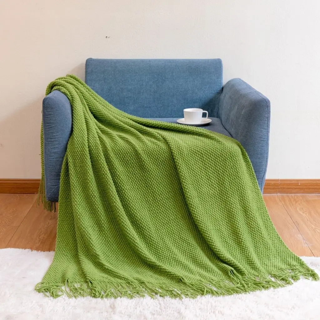 Tasseled Acrylic Knit Throw Blanket lifestyle in use