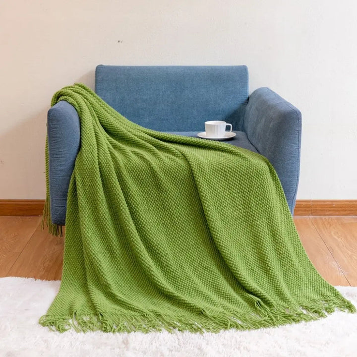 Tasseled Acrylic Knit Throw Blanket lifestyle in use