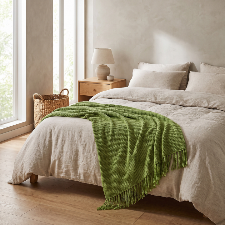 Tasseled Acrylic Knit Throw Blanket on sofa lifestyle