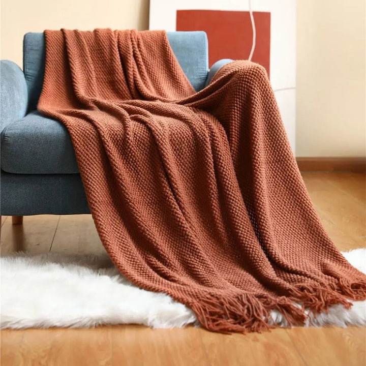 Tasseled Acrylic Knit Throw Blanket on bed lifestyle