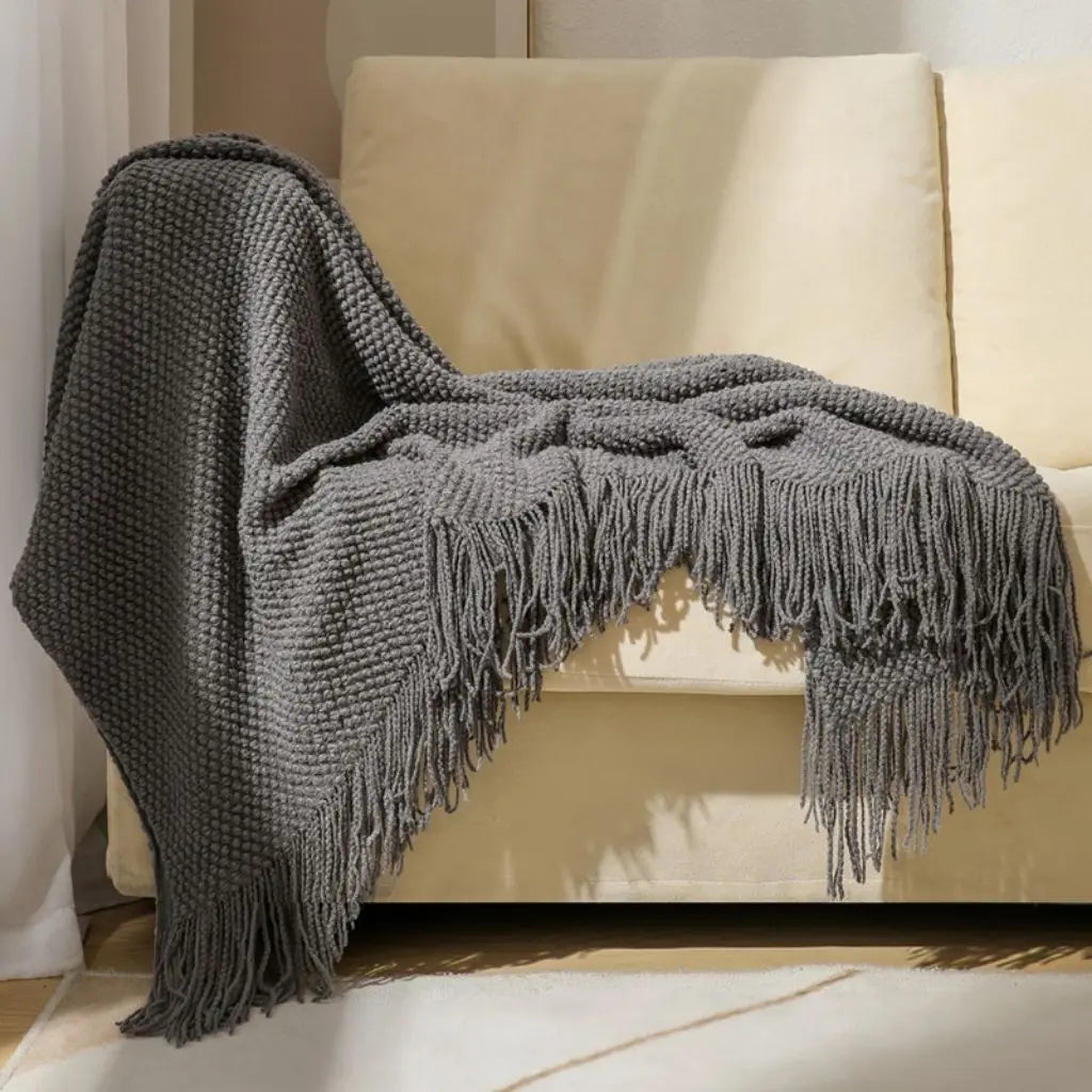 Tasseled Acrylic Knit Throw Blanket on chair lifestyle