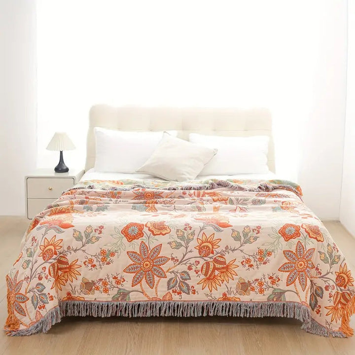 Multicolor floral cotton throw blanket, folded detail
