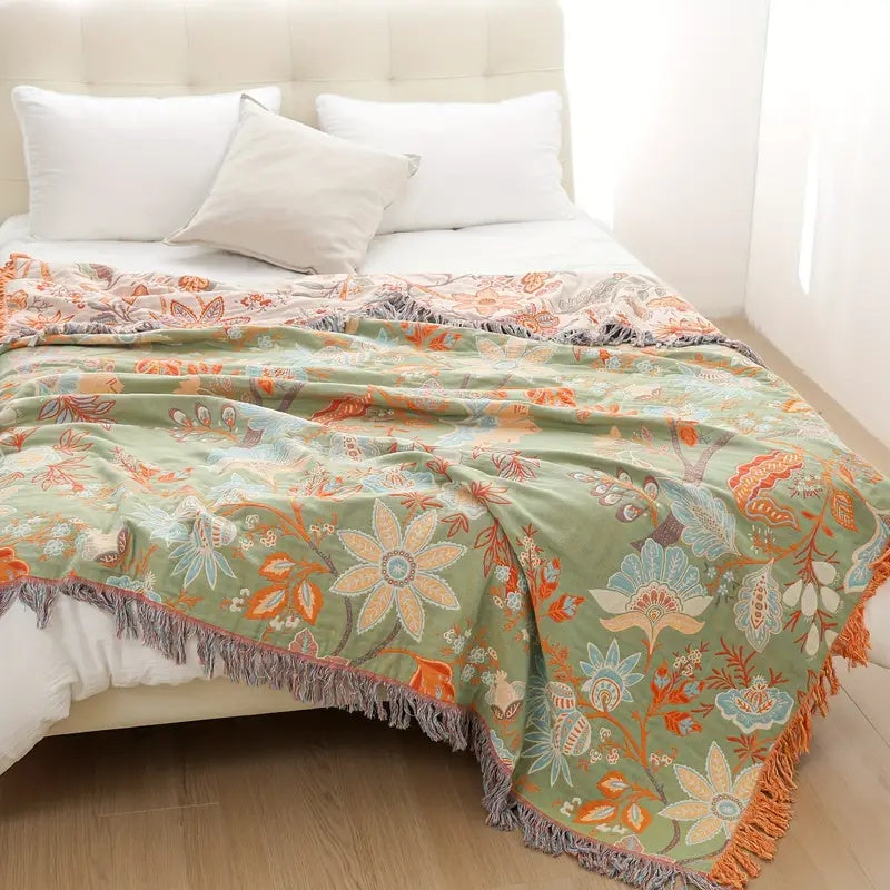 Multicolor floral cotton throw blanket lifestyle shot