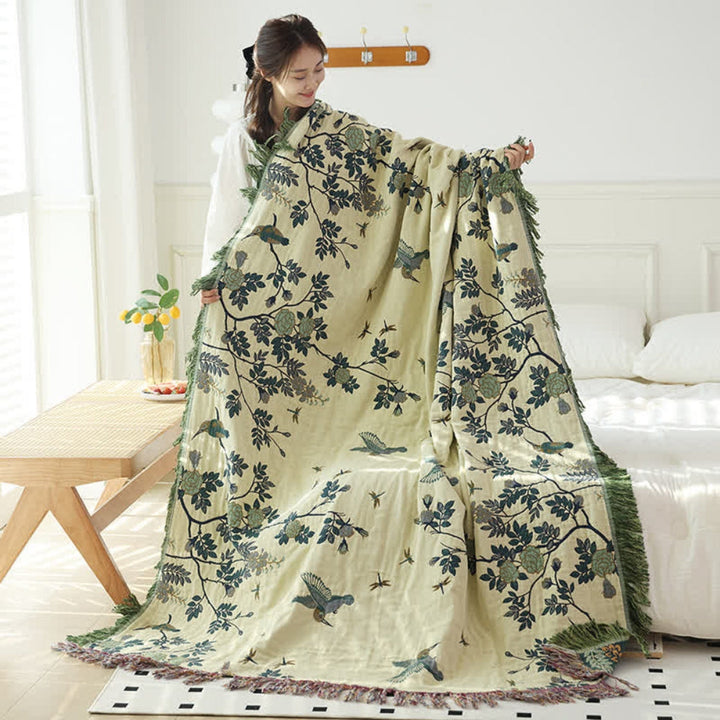 Dark and Green Beige Ornamental Gauze Cotton Throw held open