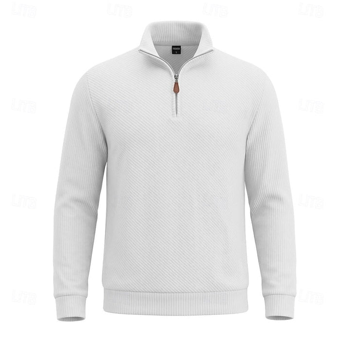 Diagonal Rib Quarter-Zip Sweater with Stand Collar
