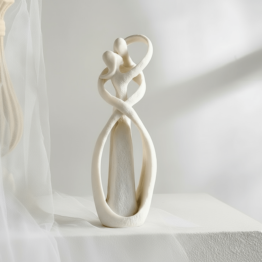 White Textured Ceramic Couple Sculpture close-up by sheer curtain