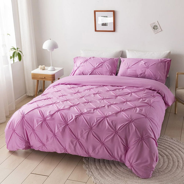 Lavender Pink Textured Diamond Pintuck Duvet Cover Set on bed front view