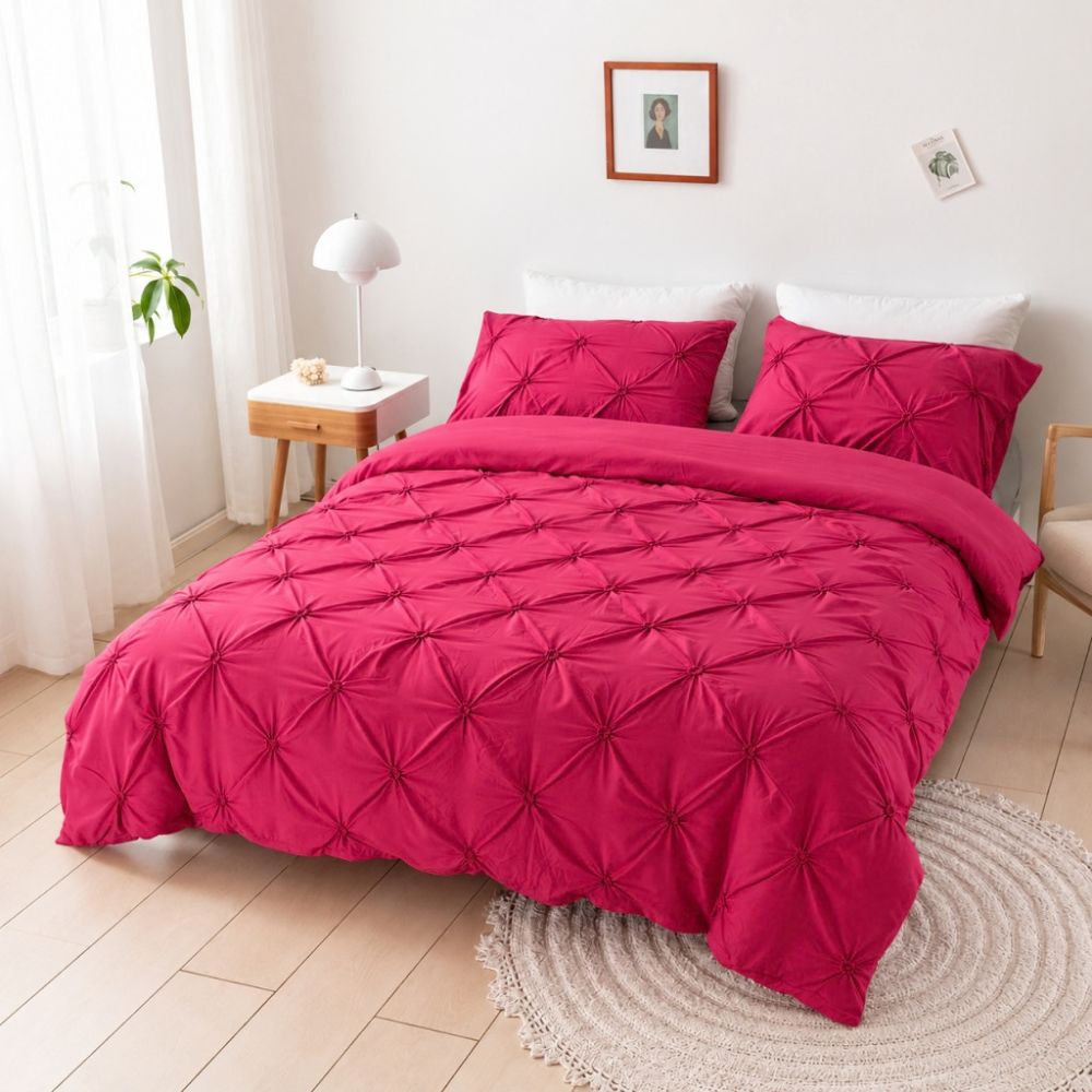 Raspberry Pink Textured Diamond Pintuck Duvet Cover Set on bed front view