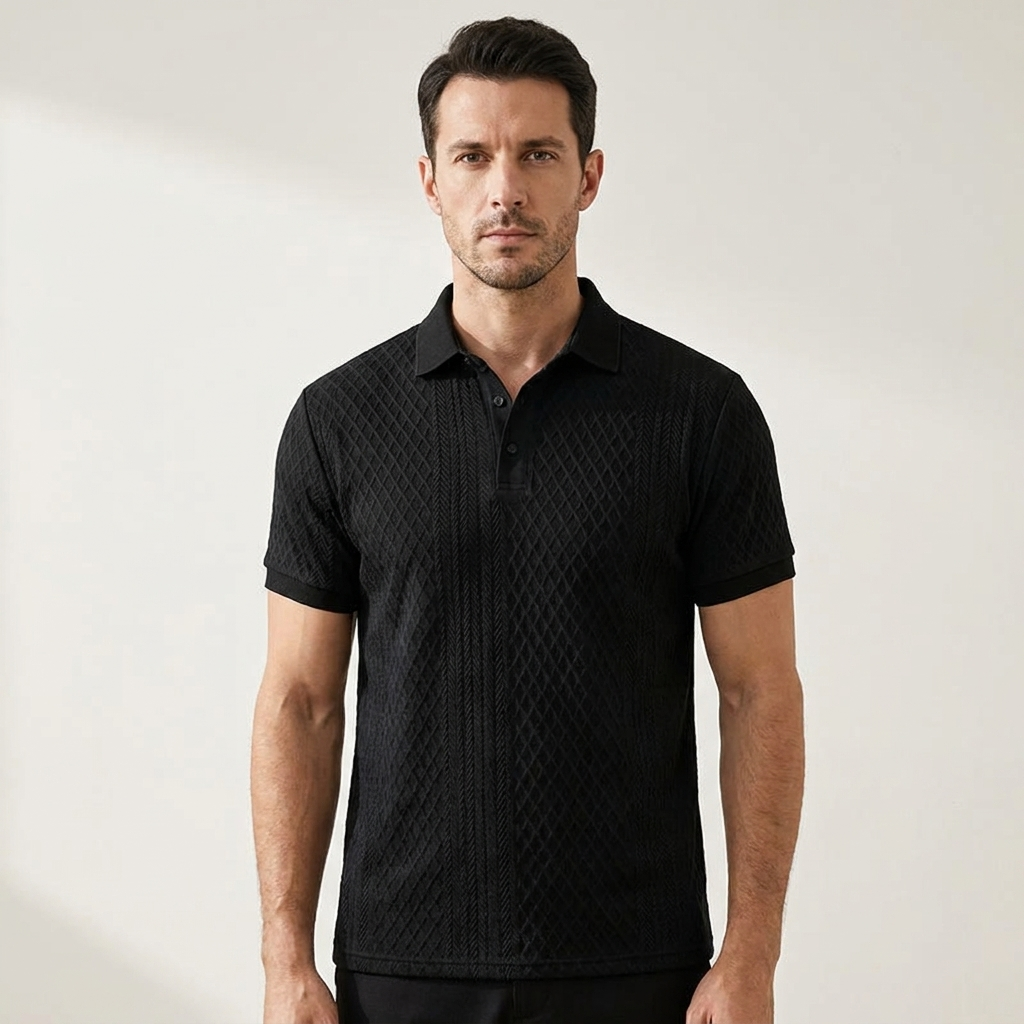 Black Textured Jacquard Polo Shirt worn front view