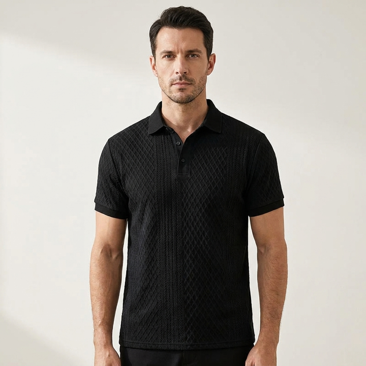 Black Textured Jacquard Polo Shirt worn front view