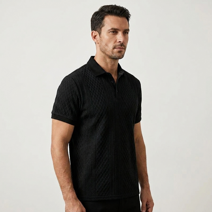 Black Textured Jacquard Polo Shirt worn side view