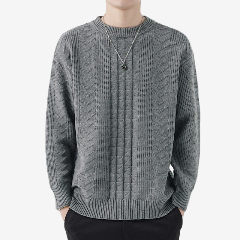 Gray Textured Knit Crewneck Sweater front view