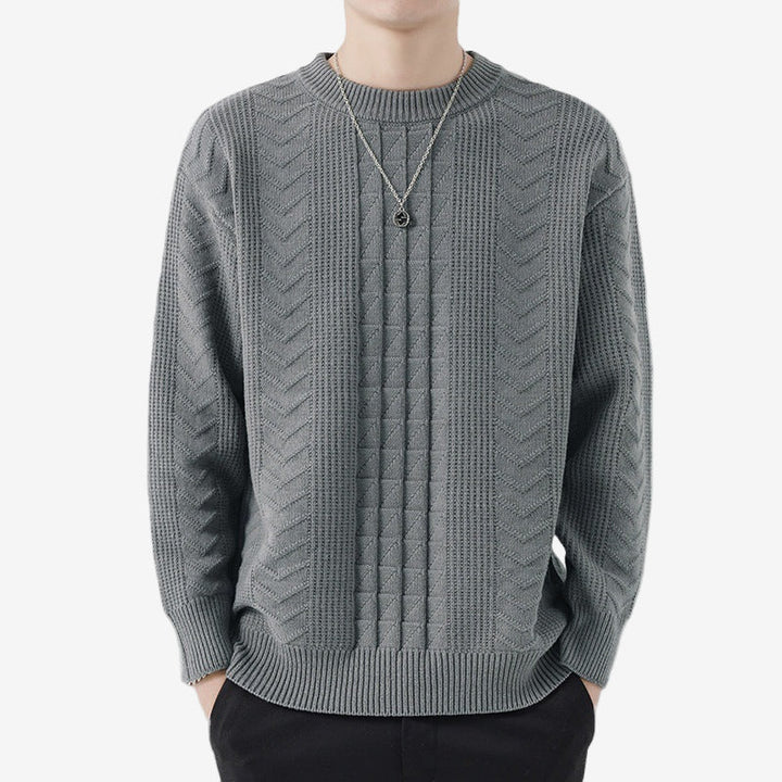 Gray Textured Knit Crewneck Sweater front view