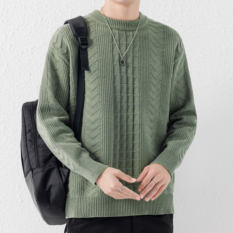 Green Textured Knit Crewneck Sweater front view