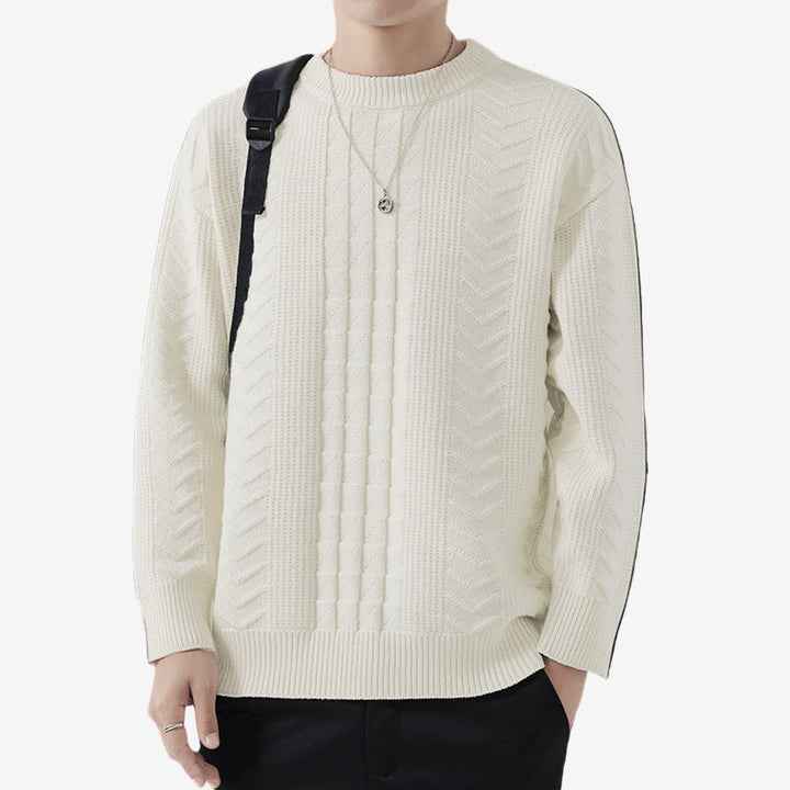 Beige Textured Knit Crewneck Sweater front view