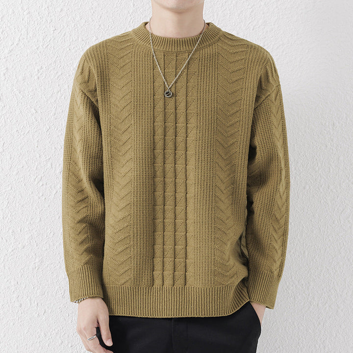 Khaki Textured Knit Crewneck Sweater front view