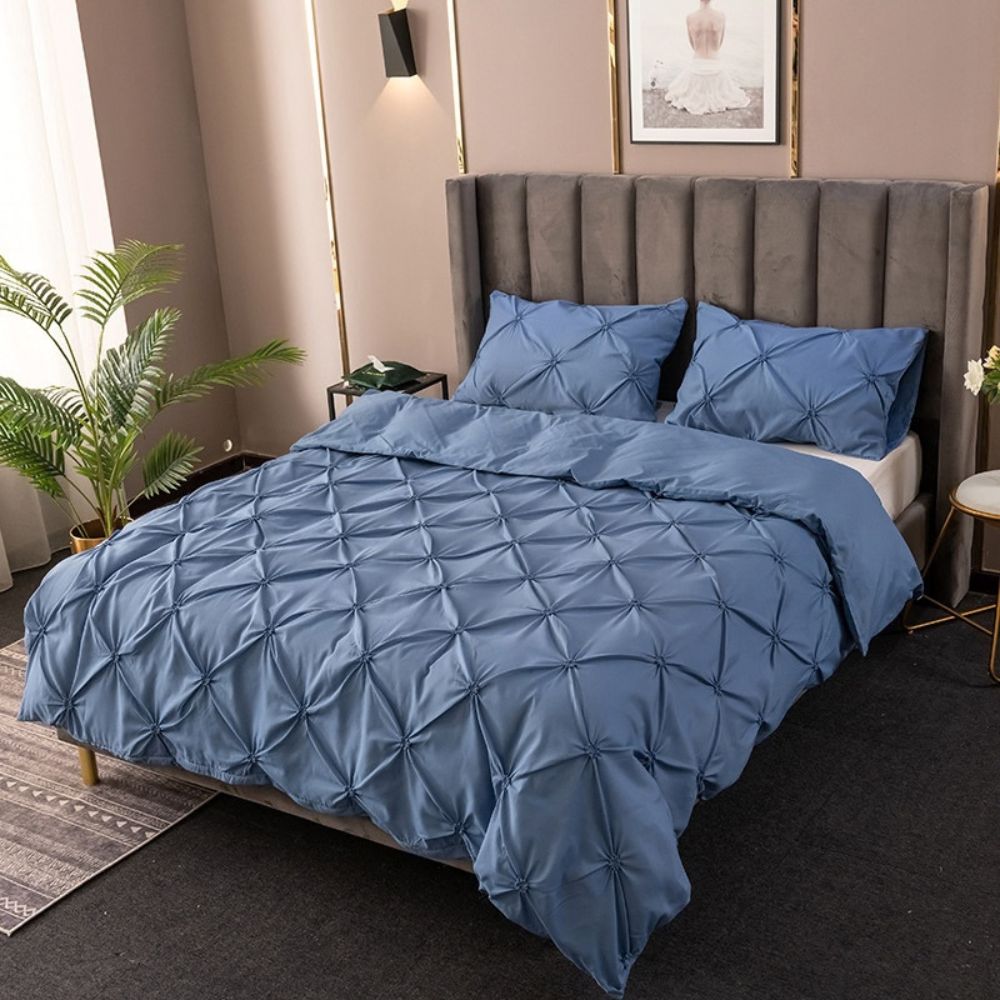 Dusty Blue Pintuck Microfiber Duvet Cover Set on bed front view