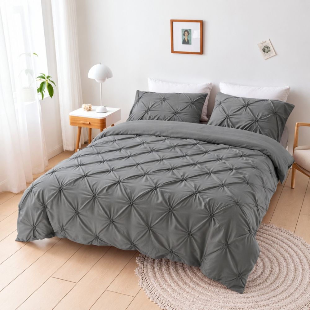 Charcoal Gray Pintuck Microfiber Duvet Cover Set on bed front view