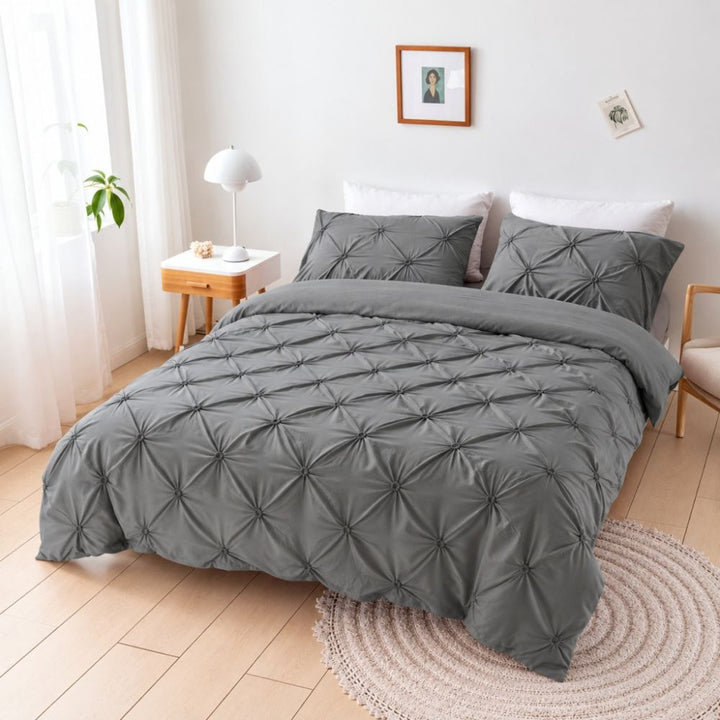 Charcoal Gray Pintuck Microfiber Duvet Cover Set on bed front view