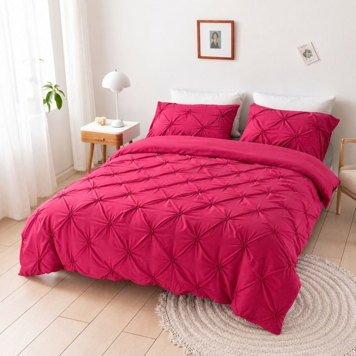 Raspberry Pink Pintuck Microfiber Duvet Cover Set on bed front view