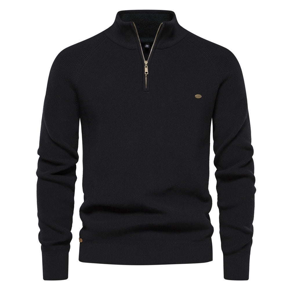 Black Textured Emblem Quarter Zip Sweater front view