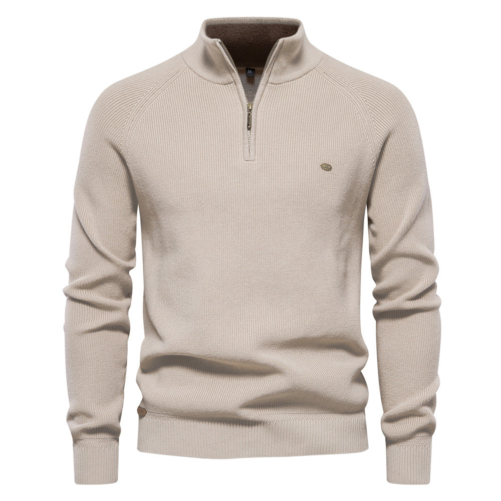 Beige Textured Emblem Quarter Zip Sweater front view