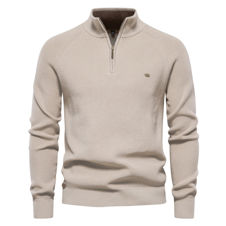 Beige Textured Emblem Quarter Zip Sweater front view