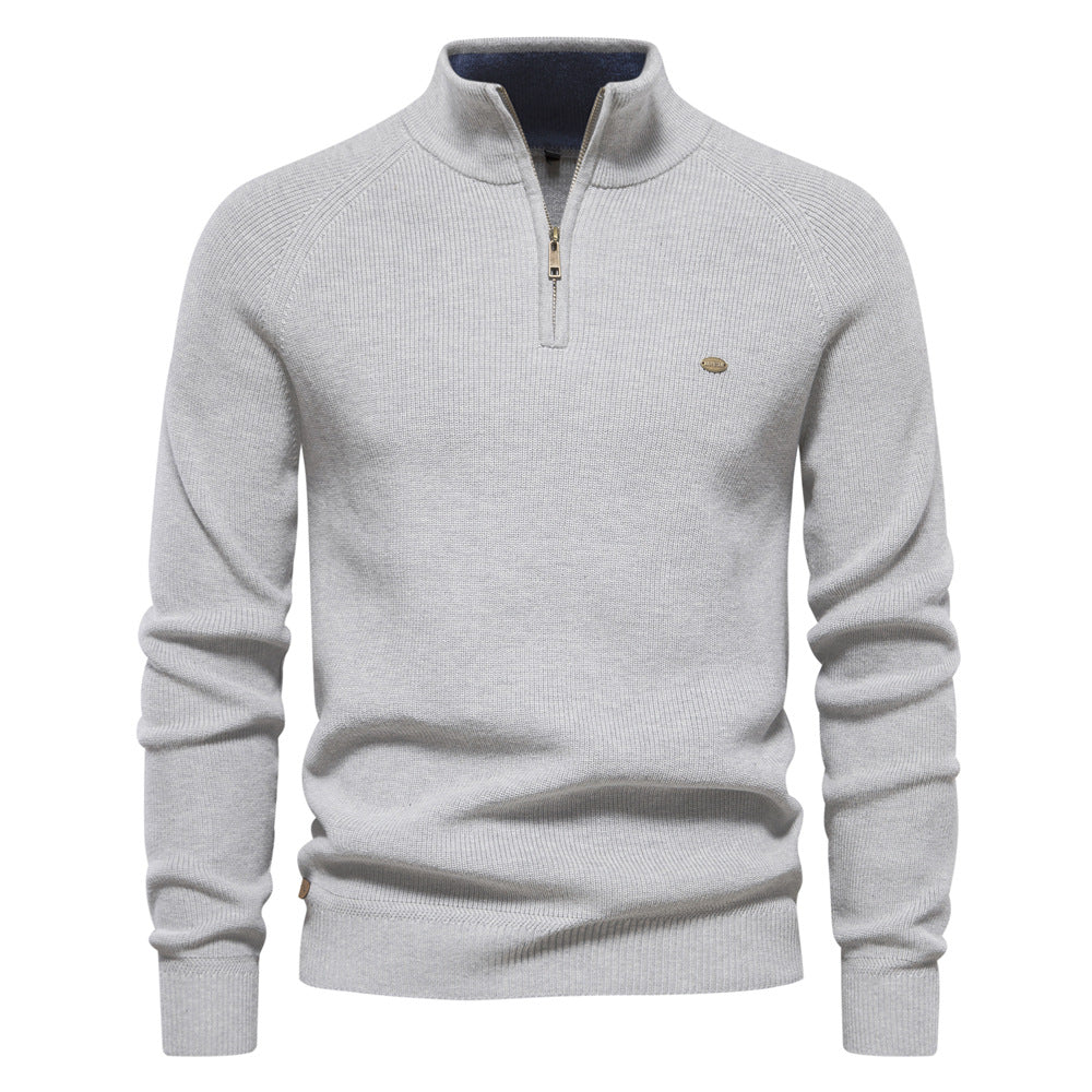 Gray Textured Emblem Quarter Zip Sweater front view