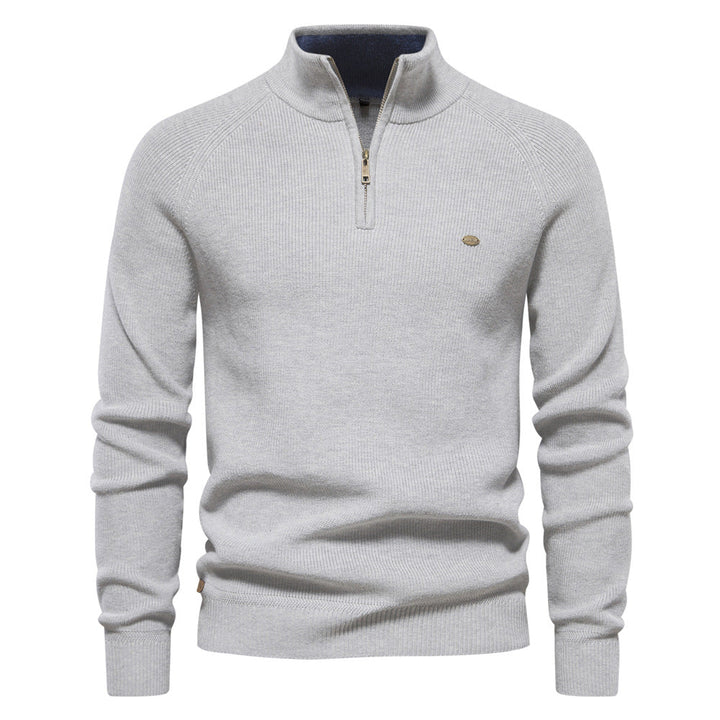 Gray Textured Emblem Quarter Zip Sweater front view